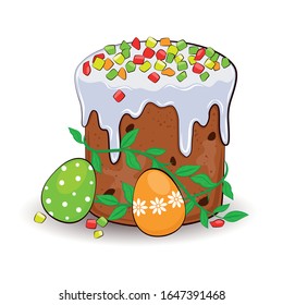 Vector illustration depicting an Easter cake and colored eggs. Easter. Vector