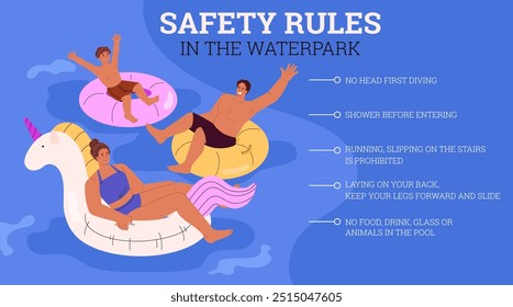 Ilustração vetorial representando um cartaz educativo com personagens em uma piscina de parque aquático em anéis infláveis. Descreve as principais regras de segurança da água para as atividades recreativas de verão. Estilo plano.