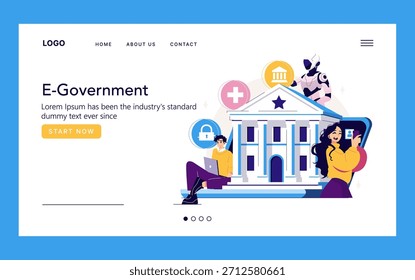 Ilustración vectorial que muestra los servicios de administración electrónica con personas que interactúan con plataformas digitales. Muestra edificios gubernamentales, iconos de la atención médica, la seguridad y la tecnología. Destacados digitales