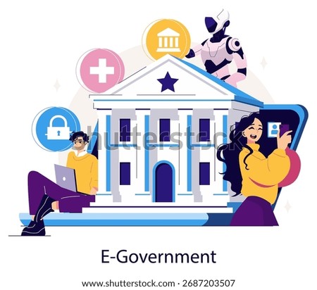 Vector illustration depicting e-government services with a futuristic touch. People and a robot interact with technology icons on a digital platform representing government integration.
