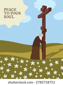 A vector illustration depicting an elderly monk in a cassock, humbly prostrating himself before a large Orthodox wooden cross. The scene is set against a serene landscape of hills and a field strewn with white flowers. The illustration conveys an atmosphere of spiritual peace, faith, prayer, and contemplation of God. Suitable for religious greeting cards, Orthodox holiday decorations, and meditative content