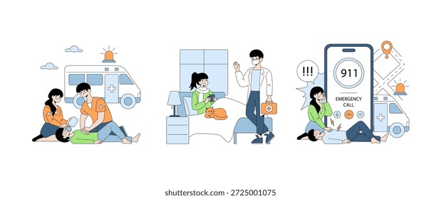Ilustração vetorial mostrando cenários de resposta de emergência. Inclui RCP por paramédicos, uma consulta médica e uma chamada de emergência para o 911. Enfatiza a urgência e o cuidado em situações de crise.