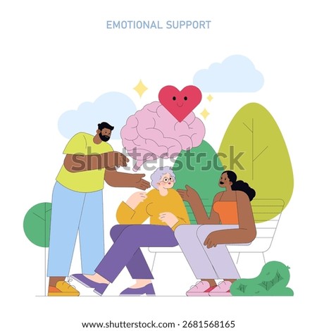 Vector illustration depicting an emotional support interaction among diverse people outdoors. Features friendly and positive engagement, emphasizing mental health and empathy.