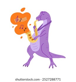 Vektorgrafik eines begeisterten Musikers Tyrannosaurus rex, der das Saxophon spielt. Cartoon lustiges Design für das Konzept eines Kinderfestivals.