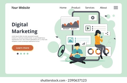 Ilustración vectorial que representa la esencia del Marketing Digital, enfatizando el análisis web y los medios sociales. Un concepto visual que representa el mundo interconectado de las estrategias de marketing online