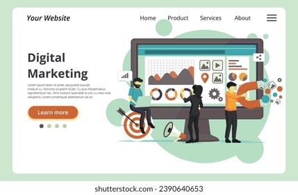 Vector illustration depicting the essence of Digital Marketing, emphasizing web analytics and social media. A visual concept representing the interconnected world of online marketing strategies