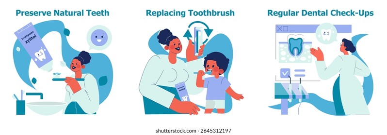 Vector illustration depicting essential dental care habits. Includes preserving natural teeth, replacing toothbrushes, and regular dental check-ups by a mother and child in a friendly, educational