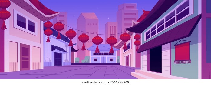 Vector illustration depicting Evening cityscape of Chinese street with houses, road, and festive lanterns. Panorama of traditional ancient buildings on the background of metropolis. Flat style.