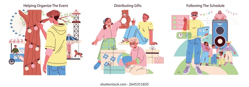 Vector illustration depicting event organizing activities. One person setting up decorations, a group distributing gifts, and individuals following a schedule. Emphasizes teamwork and planning.