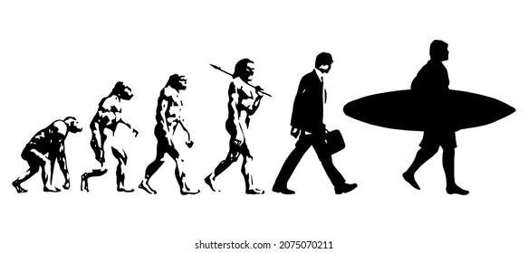 Ilustración vectorial que representa la evolución del hombre primitivo al surfista actual. 
