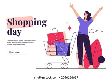 Vector illustration depicting an excited woman with shopping cart on the subject of e-commerce, sale, promotions, online shopping. Editable stroke.