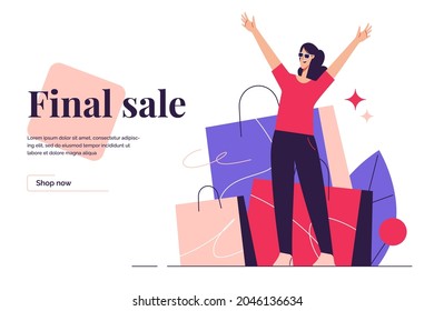 Vector illustration depicting an excited woman standing on the background of shopping bags. Editable stroke.