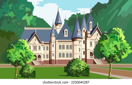 vector illustration depicting a fairy-tale palace in the forest  for prints on  book covers and for the design of other illustrations, scenes and interiors in a fairy-tale cartoon style