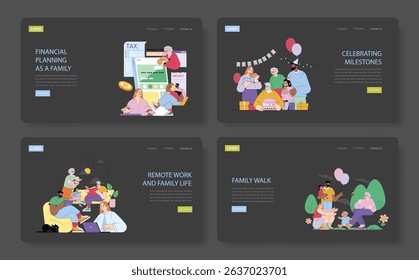 Vector illustration depicting family activities: financial planning, celebrating milestones, remote work, and enjoying a walk. Diverse and inclusive scenes with joyful interactions.