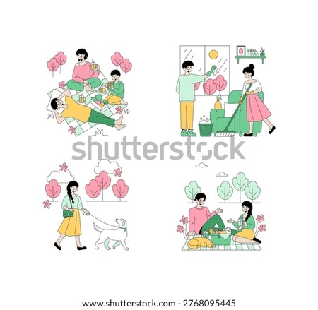 Vector illustration depicting family activities. Scenes include a picnic, dog walking, and indoor cleaning. Emotions of relaxation, companionship, and teamwork are expressed.