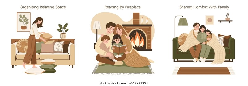 Vector illustration depicting a family enjoying cozy moments and organizing a relaxing space. A woman rearranges cushions, a family reads by the fireplace, and shares comfort under a blanket on the