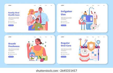 Vector illustration depicting family and individual oral health care scenes. A family uses oral hygiene products enthusiastically, showing dental care routines and freshness. Emphasizes daily dental