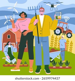 Vektorgrafik, die Landwirte zeigt, die Technologie auf einem nachhaltigen Bauernhof einsetzen. Solarzellen, Windturbinen und Drohnen fördern die Landwirtschaft, während sich auf dem Ackerland vielfältige Aktivitäten entfalten.
