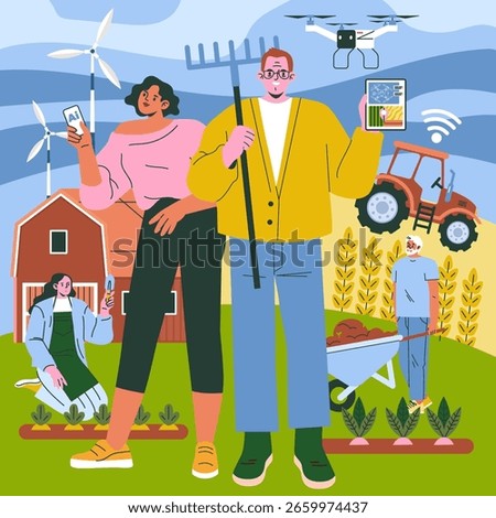 Vector illustration depicting farmers utilizing technology on a sustainable farm. Solar panels, wind turbines, and drones enhance farming while diverse activities unfold on the farmland.