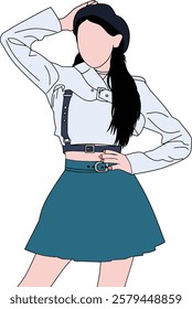 A vector illustration depicting a fashionable young woman in a chic outfit, featuring a blue skirt, white top, and hat, striking a confident pose.