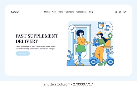 Vektorgrafik, die einen schnellen Zustelldienst für Zuschläge zeigt. Eine Lieferperson übergibt ein Paket an einen Empfänger an der Tür. Betont Schnelligkeit und Komfort beim Online-Shopping.