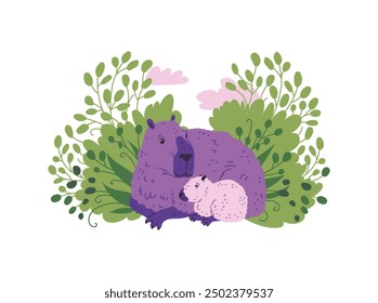 Vector illustration depicting a female capybara lying in a bush of greenery with a cub. A charming drawing on a white background, showing maternal love and care