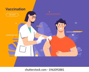 Vector illustration depicting a female doctor vaccinates a young man patient against coronavirus.