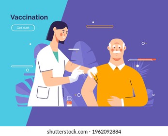 Vector illustration depicting a female doctor vaccinates an old man patient against coronavirus.