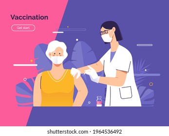 Vector illustration depicting a female doctor vaccinates an elderly woman patient against coronavirus.