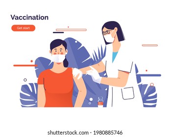 Vector illustration depicting a female doctor vaccinates a woman patient against coronavirus.