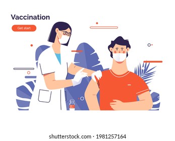 Vector illustration depicting a female doctor vaccinates a man patient against coronavirus.