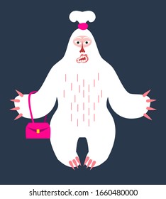 Vector illustration depicting a female yeti with a pink bag in her hands on a dark blue background to create a pattern for applying fabric cover to advertising