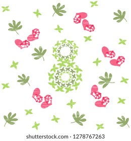 Vector illustration, depicting a figure eight, made from green leaves, pink hearts on a white background, shabby, textured. Cute March 8th greeting card design template.