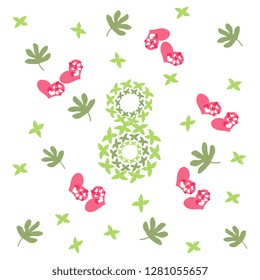 Vector illustration depicting a figure eight, made from green leaves, pink hearts on a white background, handmade, artistic. Cute March 8th greeting card design template.