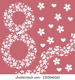 Vector illustration depicting the figure eight of a floral white pattern on a dark pink background, handmade, artistic. Cute March 8th greeting card design template.