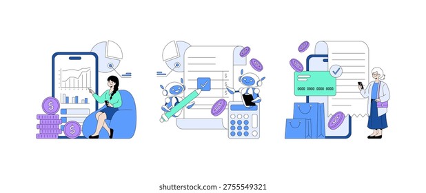 Vector illustration depicting financial management and digital transactions. Includes people interacting with financial charts, AI assisting in banking tasks, and mobile payments with cards.
