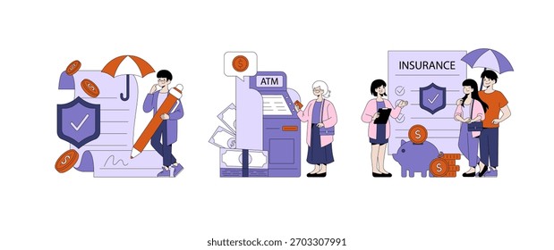 Ilustração vetorial que descreve os serviços financeiros, incluindo seguro, uso de ATM e fundos de segurança. As pessoas interagem com documentos, máquinas e símbolos de economia para o planejamento financeiro.