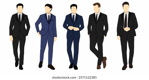 Vector illustration depicting five men dressed in formal business suits, showcasing professional appearances and styles, 