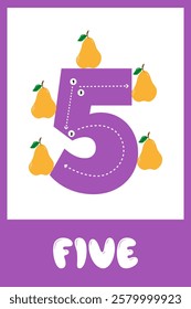 Vector illustration depicting five pears surrounding the number five, with a playful design suitable for children and educational purposes. Educational cards for children.