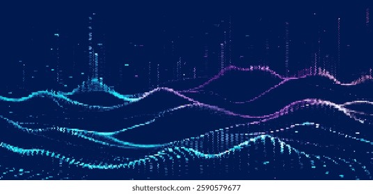 Vector illustration depicting a flowing wave pattern of blue dots against a dark background. It evokes fluid motion and digital aesthetics, blending technology and art in a harmonious design.