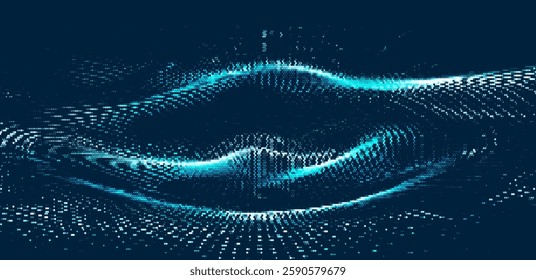 Vector illustration depicting a flowing wave pattern of blue dots against a dark background. It evokes fluid motion and digital aesthetics, blending technology and art in a harmonious design.