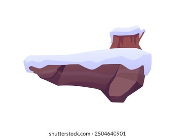 Vector illustration depicting a flying island with a stump and snow on a white background. The fantastic snowy landscape is suitable for creating a game level