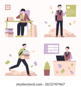 Vector illustration depicting four businessmen struggling with excessive paperwork, missed deadlines, and overflowing tasks in a busy office environment.