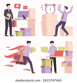 Vector illustration depicting four scenes of a businessman struggling with excessive paperwork, deadlines, and workplace stress.