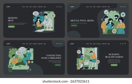 Vector illustration depicting four scenes of mental health support. Individuals engage with therapists and establish healthy habits, promoting positive mental well-being and emotional support.