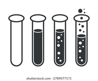 A vector illustration depicting four test tubes, showing a sequence of liquid filling and bubble formation.