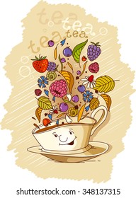 vector illustration depicting funny tea cup and saucer with dry herbs, raspberries, blueberries, strawberries, fruit trees, dry leaves.