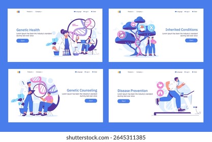 Ilustração vetorial representando saúde genética, condições hereditárias, aconselhamento genético e prevenção de doenças. Apresenta diversas ações, como análise de DNA e exercícios para o bem-estar.