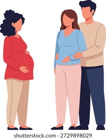 Vector illustration depicting a gestational surrogacy arrangement, showing the pregnant surrogate mother and the hopeful intended parents couple.