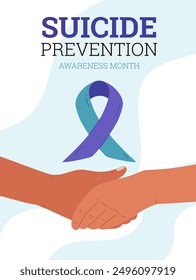 Ilustración vectorial que representa un gesto de manos que se sostienen entre sí con una cinta azul-púrpura que simboliza la unidad en la Asistencia y la asistencia psicológica